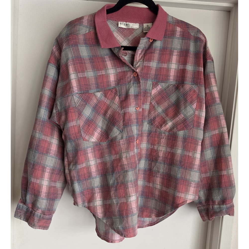 Vintage Gitano Women's M‎ Pink Plaid Button Down Shirt Cotton Blend Cabincore